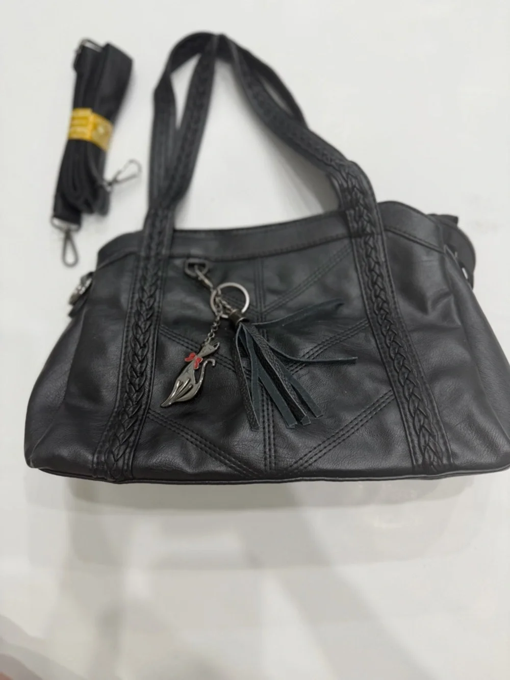 X.N CROWN Black Shoulder Bag Braided Strap Cat Charm Y2K Chic Trendy